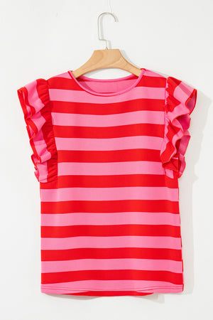 Red Stripe Flutter Sleeve Round Neck T Shirt