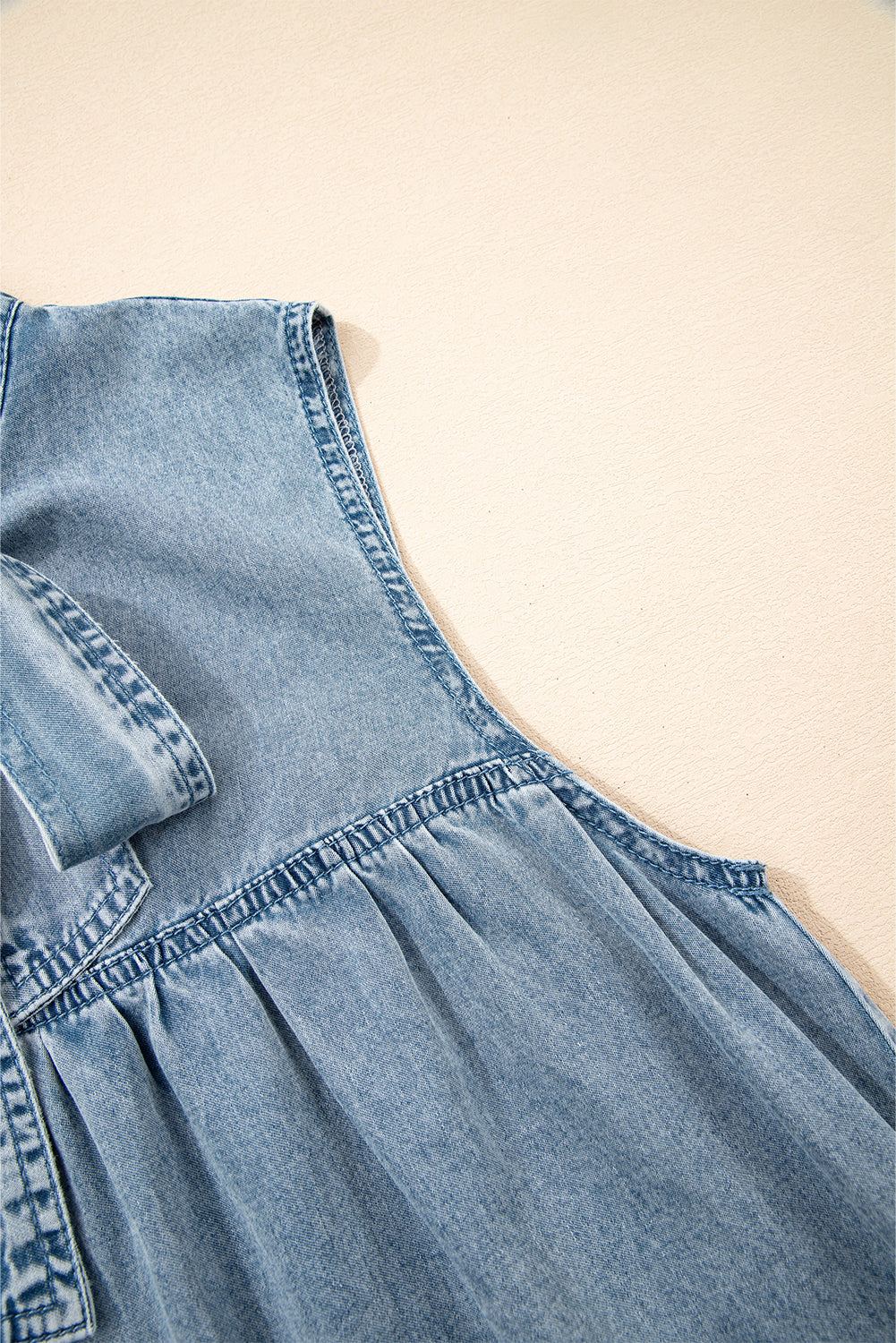 Real Teal Bowknot Neck Sleeveless Ruffled Chambray Dress