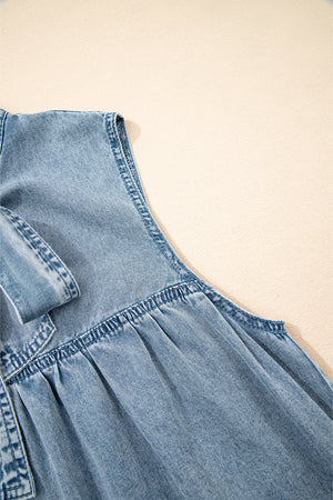 Real Teal Bowknot Neck Sleeveless Ruffled Chambray Dress