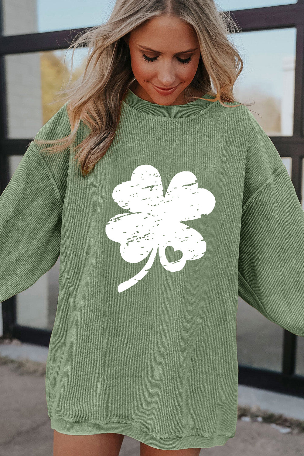 Grass Green Distressed Clover Print St Patricks Corded Sweatshirt