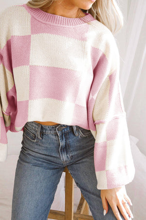 Pink Checkered Bishop Sleeve Sweater