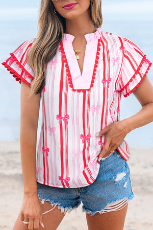 Pink Ric-rac Trim Ruffled Sleeve V Neck Bow Striped Printed Blouse