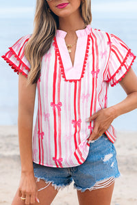 Pink Ric-rac Trim Ruffled Sleeve V Neck Bow Striped Printed Blouse
