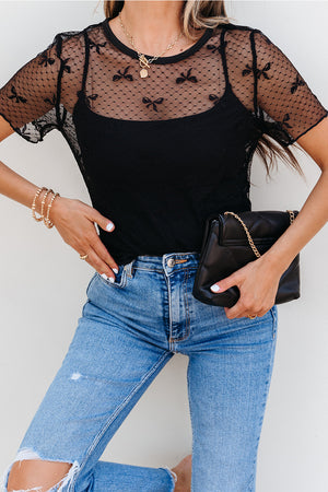 Black Bow Knot Dotted See-through Mesh Patched Slim Fit Blouse