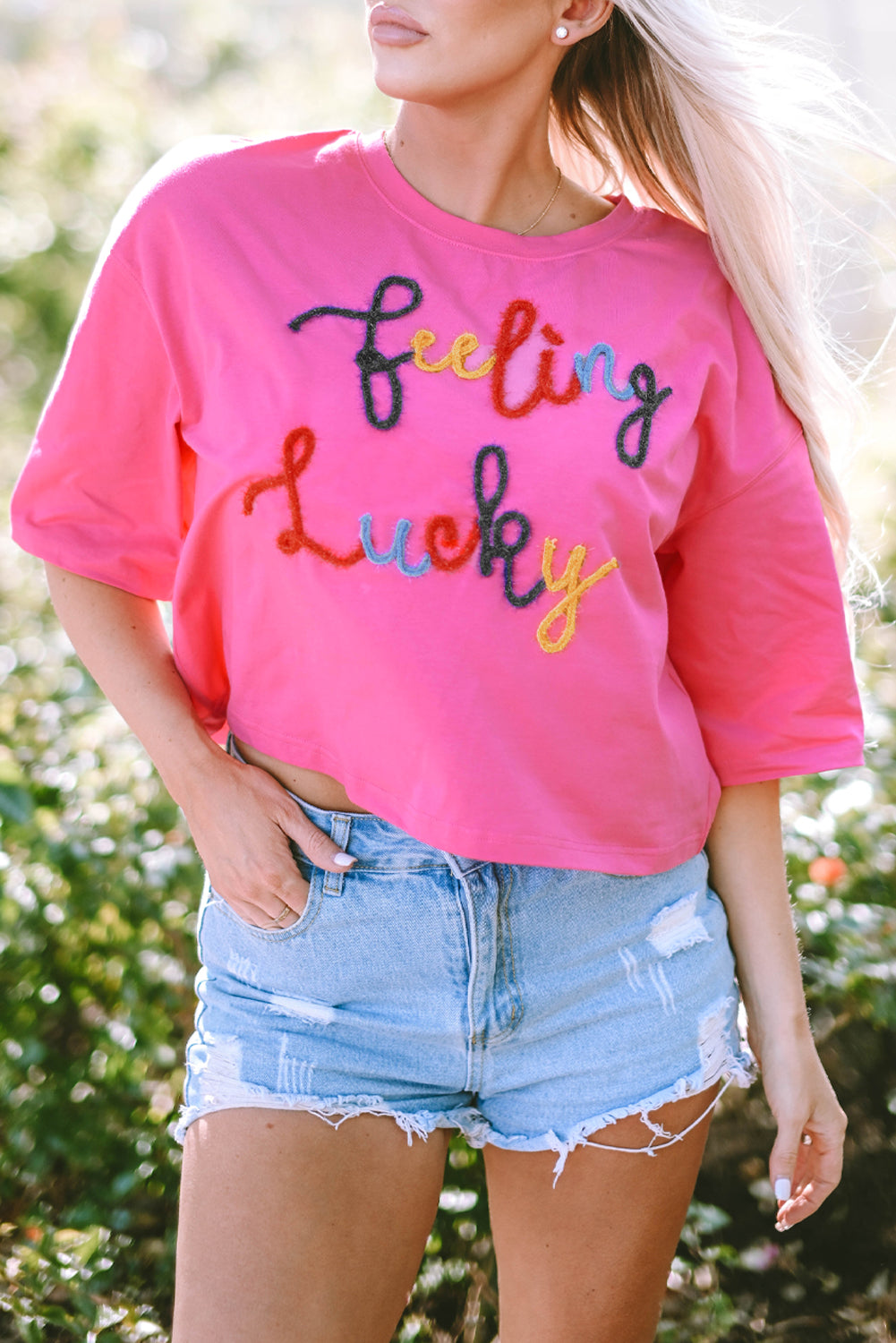 Bonbon Feeling Lucky Embroidered Letter Graphic Half Sleeve Top