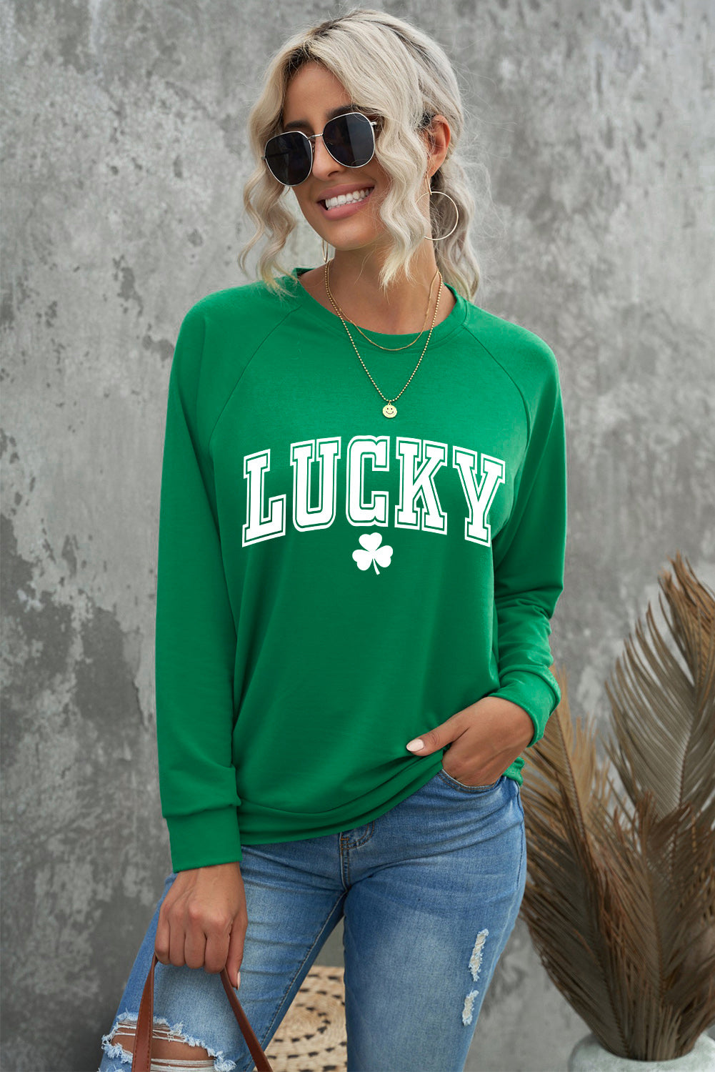 Green St. Patricks LUCKY Clover Print Raglan Sleeve Sweatshirt
