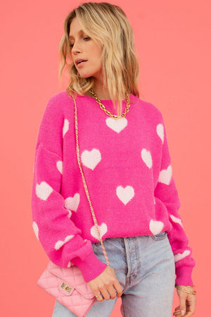 Bright Pink Fuzzy Valentine Hearts Drop Shoulder Sweater