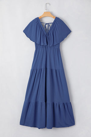 Navy Blue Textured V Neck Flutter Sleeve Ruffled Maxi Dress