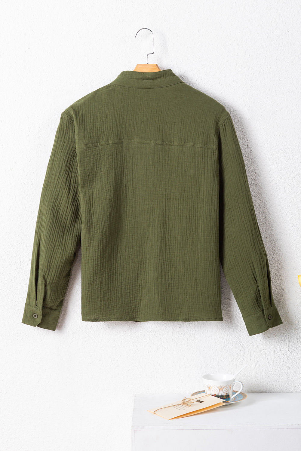 Jungle Green Crinkle Textured Button Up Long Sleeve Shirt