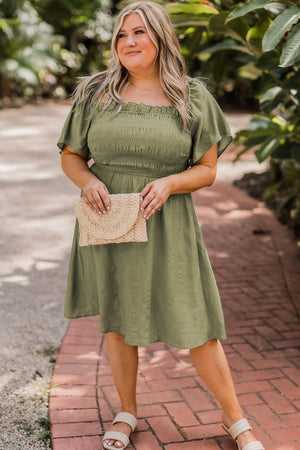 Grass Green Frilly Square Neck Flutter Sleeve Smocked High Waist Plus Size Dress