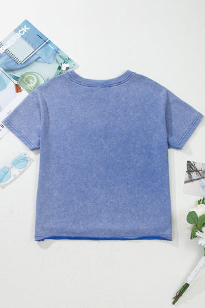 Sky Blue USA Patch Mineral Wash Notch V Neck Vintage Graphic T Shirt