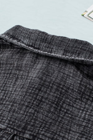 Black Mineral Wash Crinkle Textured Chest Pockets Shirt