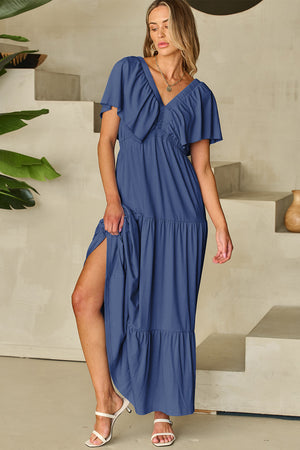 Navy Blue Textured V Neck Flutter Sleeve Ruffled Maxi Dress