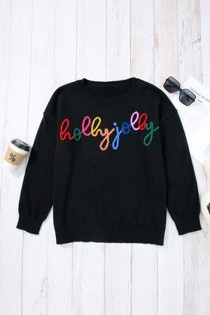 Black XOXO Glitter Print Round Neck Casual Sweater