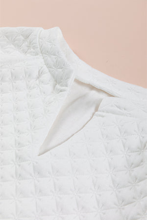 White Split Neck Quilted Long Sleeve Top
