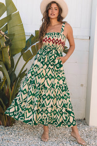 Green Western Aztec Shirred A-line Sleeveless Maxi Dress