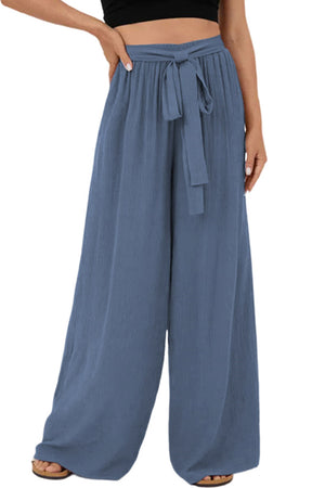 Sail Blue High Waisted Tie Front Side Pocket Wide Leg Flowy Casual Pants