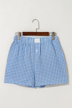 blue Red Plaid Gingham Printed High Waist Shorts