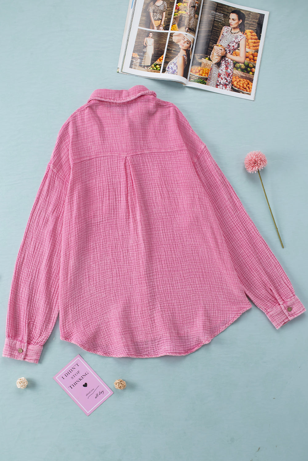 Pink Mineral Wash Crinkle Textured Chest Pockets Shirt