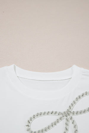 White Rhinestone Bow Embellished Round Neck Tee