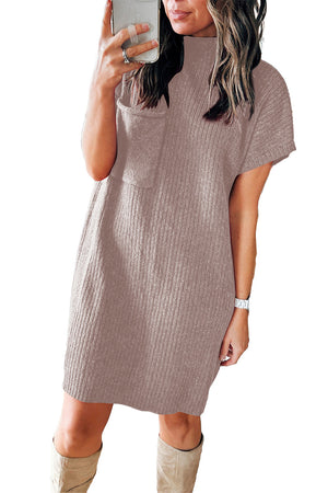 Oatmeal Patch Pocket Ribbed Knit Short Sleeve Sweater