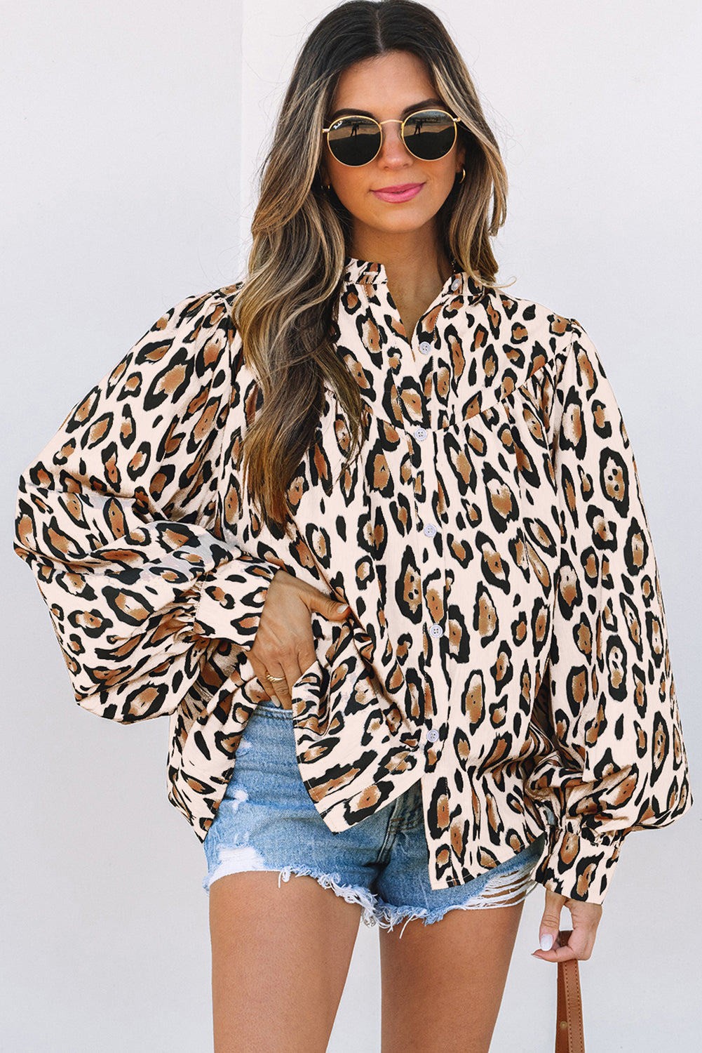 Jet Stream Oversized Leopard Print Balloon Sleeve Casual Shirt