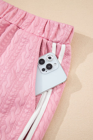 Pink Contrast Trim Textured Crewneck Tee and Pocketed Skirt Set