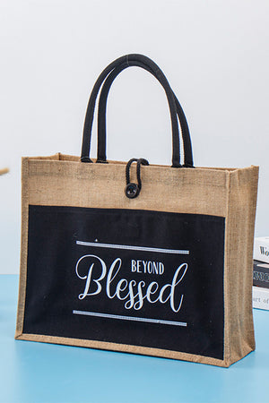 Black BEYOND Blessed Printed Vintage Burlap Bag