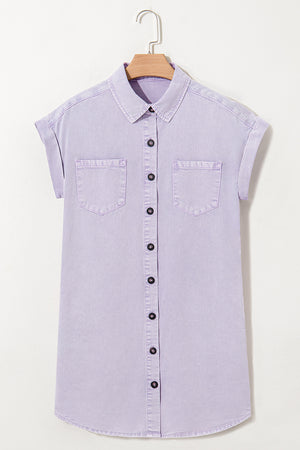 Orchid Petal Short Sleeve Double Chest Pocket Denim Shirt Dress