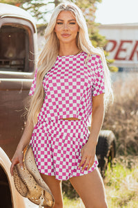 Pink Checkerboard T Shirt and High Waist Skorts 2 Piece Outfit