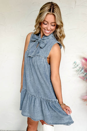 Real Teal Bowknot Neck Sleeveless Ruffled Chambray Dress