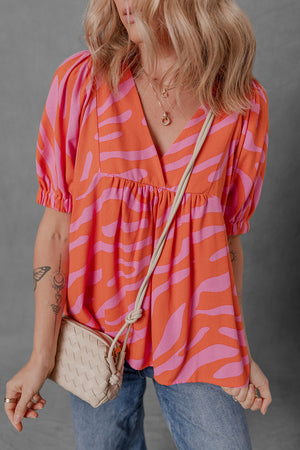 Orange Zebra Stripe Print Ruched Cuff Half Sleeve V Neck Blouse
