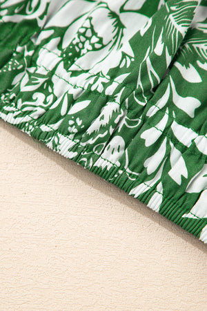 Green Floral Print Shirred Crop Top and High Waist Midi Skirt Set