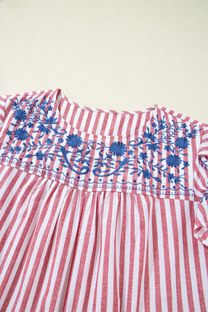 Red Stripe Plus Size Floral Embroidered Petal Sleeve Blouse