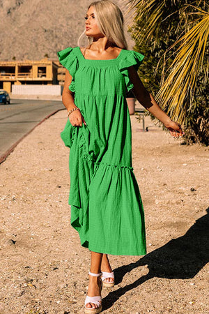 Green Ruffled Flutter Sleeve Square Neck Textured Tiered Maxi Dress