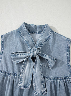 Real Teal Bowknot Neck Sleeveless Ruffled Chambray Dress