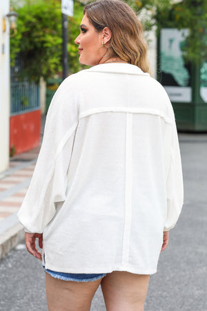 White Plus Size Long Sleeve Flap Pocket Henley Top