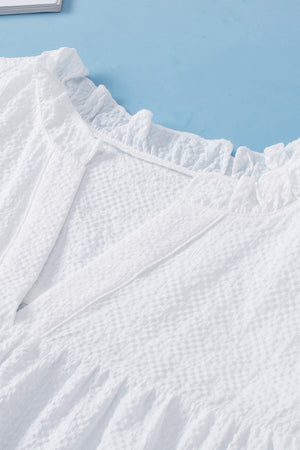 White Textured Ruffled Flutter Sleeve Plus Size Blouse