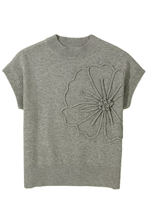 High Flower Pattern Ribbed Trim Short Sleeve Boxy Sweater