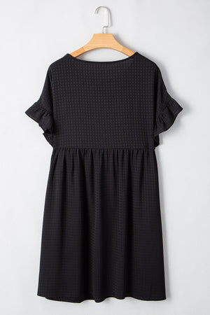 Black Textured Ruffled Sleeve Babydoll Plus Dress