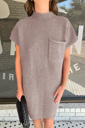 Oatmeal Patch Pocket Ribbed Knit Short Sleeve Sweater