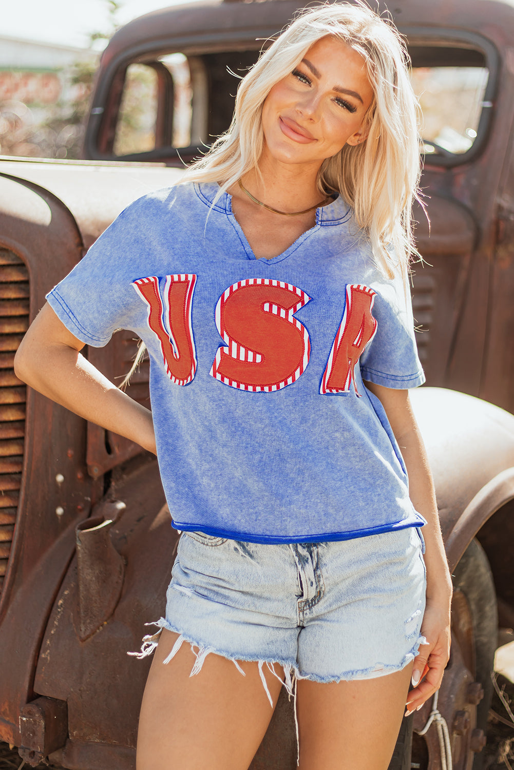 Sky Blue USA Patch Mineral Wash Notch V Neck Vintage Graphic T Shirt