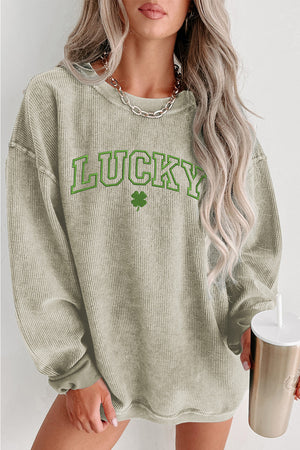 Green LUCKY Clover Embroidered Corded Crewneck Sweatshirt