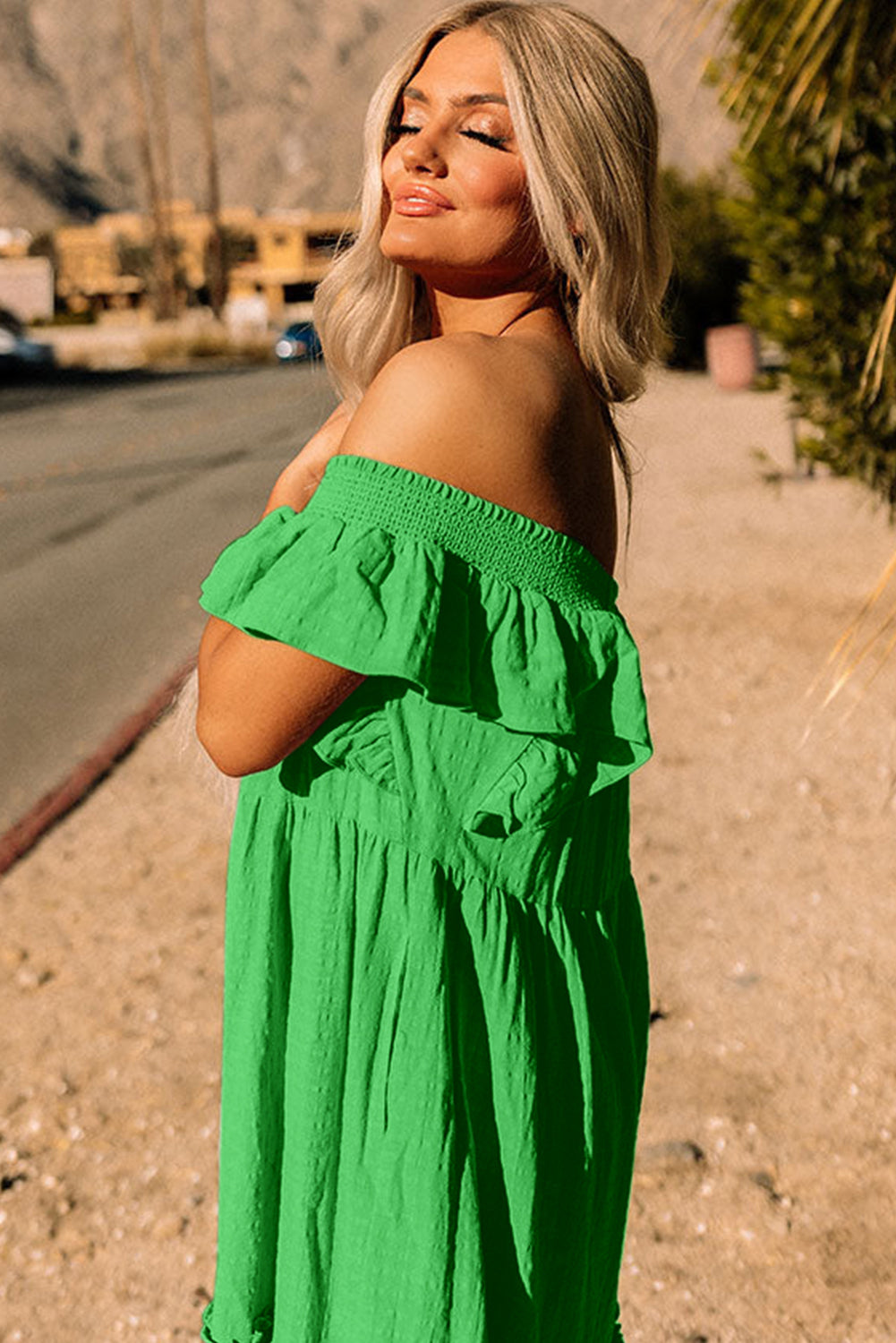 Green Ruffled Flutter Sleeve Square Neck Textured Tiered Maxi Dress