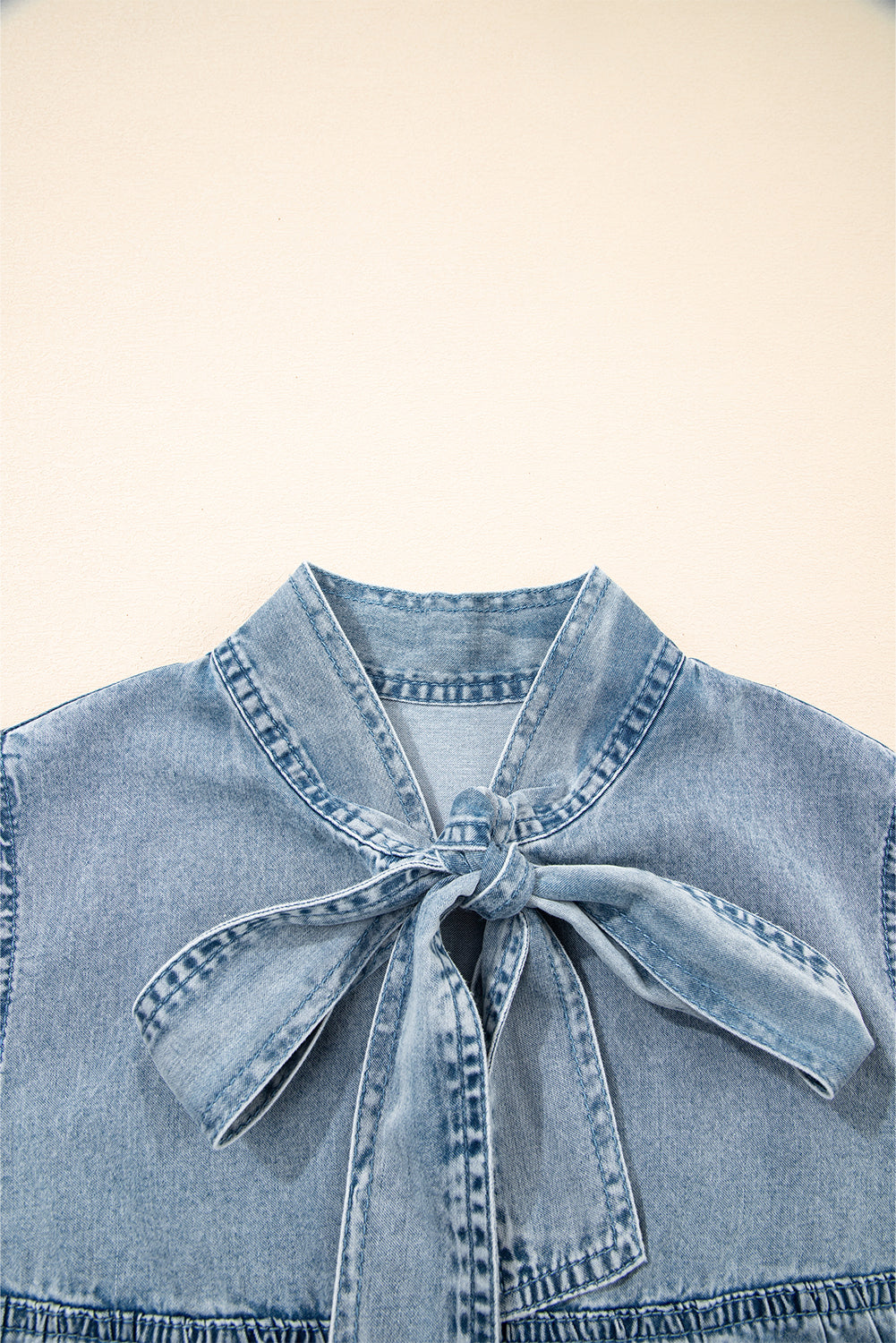 Real Teal Bowknot Neck Sleeveless Ruffled Chambray Dress