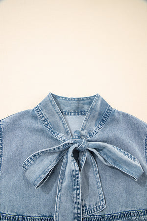 Real Teal Bowknot Neck Sleeveless Ruffled Chambray Dress