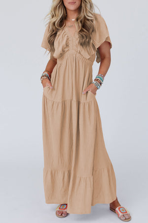 Parchment Textured V Neck Flutter Sleeve Ruffled Maxi Dress