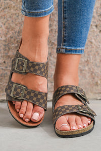 Coffee Geometric Print Cut Out Buckle PU Leather Flat Slippers