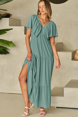 Green Textured V Neck Flutter Sleeve Ruffled Maxi Dress