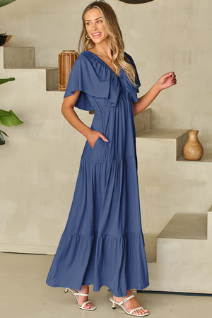 Navy Blue Textured V Neck Flutter Sleeve Ruffled Maxi Dress